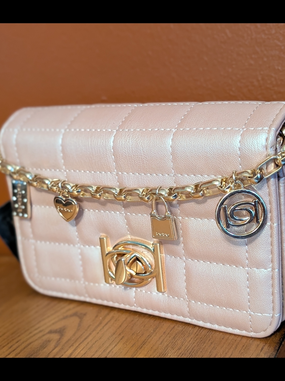 Bebe Quilted Pink Chain Charm Crossbody
